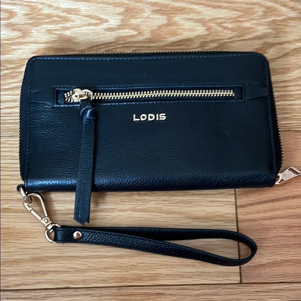 Lodis Black Pebbled leather Wristlet Wallet with RFID protection.